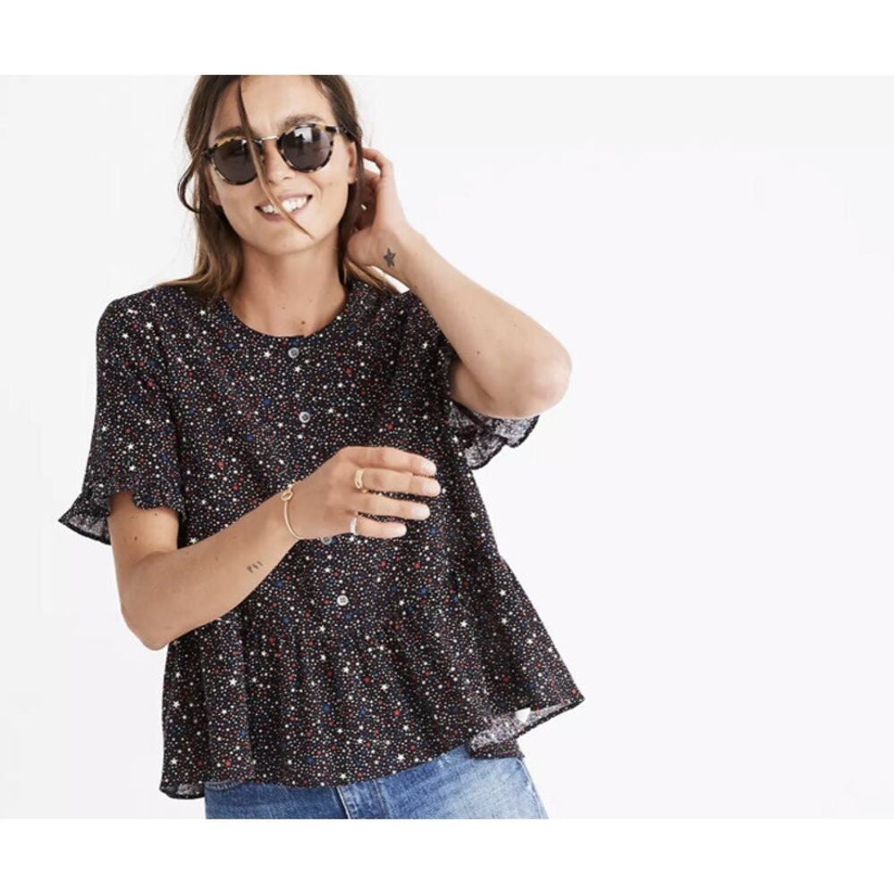 Madewell Star Print Button Front Blouse | S | 100% Cotton Navy Top | Americana